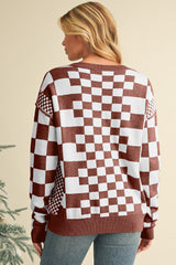 Khaki Checkered Drop Shoulder Round Neck Sweater