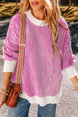 Chestnut Striped Contrast Trim Loose Sweater