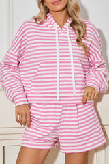 Pink Stripe Kangaroo Pocket Hoodie and Shorts Set