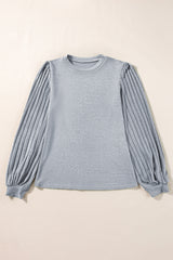 Gray Solid Color Contrast Ribbed Bishop Sleeve Top