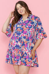 Blue Plus Size Floral Print Bell Sleeve Mini Dress