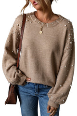 Smoke Gray Pearl Drop Shoulder Round Neck Sweater