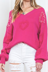 Rosy Heart Pattern Pearl Detail Drop Sleeve Knit Sweater