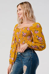 Crop Top Smock Ruched Top In Ditsy Jacquard