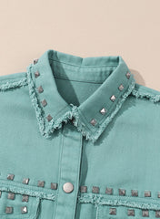 Green Frayed Trim Vintage Rivet Denim Jacket