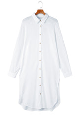 White Striped Button Up Long Sleeve Swimsuit Cover Up