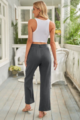 Black Elastic Waist Drawstring Wide Leg Pants