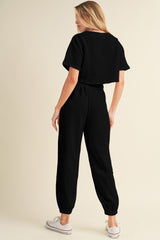 Black Textured Cropped Tee and Jogger Pants Set