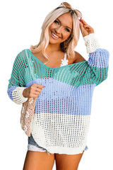 Green Color Block Twisted Back Hollow Out Knit Top