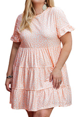 Pink Leopard Print High Waist Ruffle Sleeve Plus Size Dress