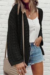 Black Hollow Out Crochet Knit Drop Shoulder Open Front Cardigan