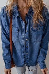 Sky Blue Flap Pocket Button Up Shirt Collar Denim Jacket