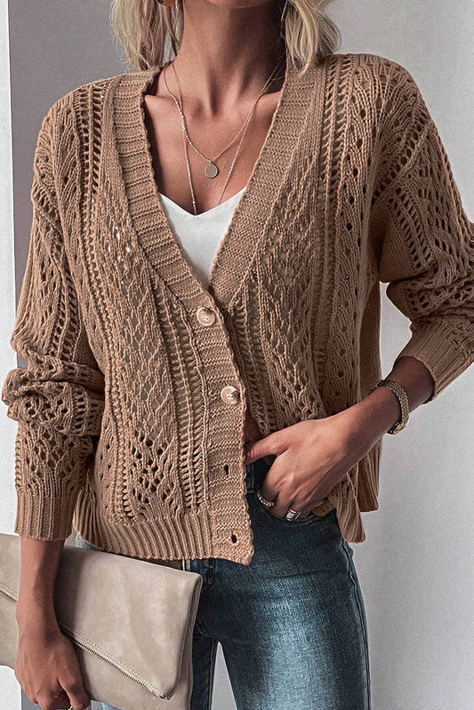 Dark Khaki Open Knit Drop Shoulder Sweater Cardigan