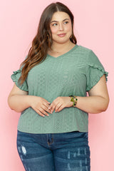 Laurel Green Petal Sleeve Jacquard V Neck Plus Size Blouse