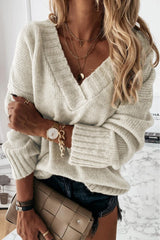 White V Neck Drop Shoulder Knitted Sweater