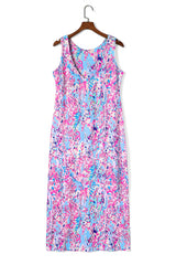 Purple Fluorescent Printed Round Neck	 Sleeveless Maxi Dress