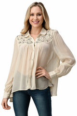 Mesh Blouse Shirt Top With Beaded Jewel Trim