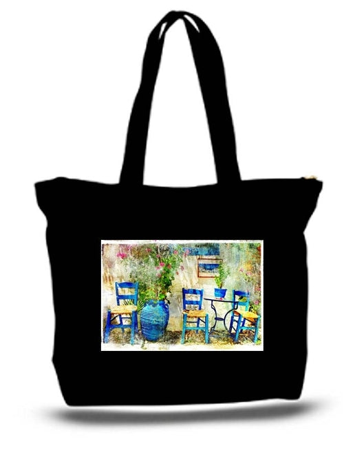 Greece Blue Chairs Large Tote Grocery & Stuff Bag