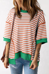 Pink Stripe Colorblock Drop Sleeve Oversized T Shirt