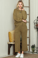 Green Solid Color Quilted Long Sleeve Top and Wide Leg Pants Set