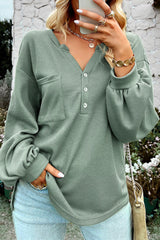 Green Waffle Knit Solid Color Long Sleeve Henley Top