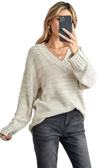 White V Neck Drop Shoulder Knitted Sweater