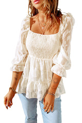 White Flowy Jacquard Square Neck 3/4 Sleeve Smock Top