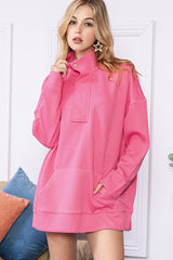 Hot Pink Casual Textured Kangaroo Pocket Sweatshirt