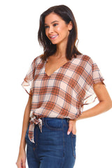 Plaid Tie Back Blouse Top