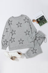 Gray Stars Print Long Sleeve Top and Drawstring Pants Set