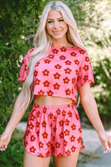 Rose Floral Print Crop Tee and Slits Shorts Pajama Set