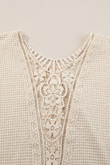 Oatmeal Guipure Lace Splicing Back Waffle Textured T-shirt