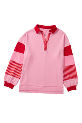 Rose Striped Patchwork Side Split Collared Plus Size Sweatshirt