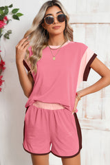 Rose Red Color Block Loose Fit Top and Elastic Waist Shorts Set