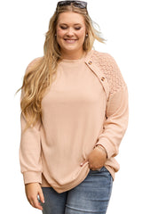 Beige Plus Size Lace Patchwork Buttons Waffle Knit Top