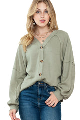 Green Exposed Seam Button Front Waffle Knit Cardigan