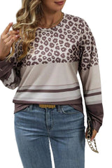 Coffee Plus Size Leopard Color Block Long Sleeve Top