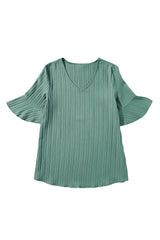 Beau Blue Ruffled Short Sleeve V Neck Textured Blouse