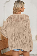 Black Hollow Out Crochet Knit Drop Shoulder Open Front Cardigan