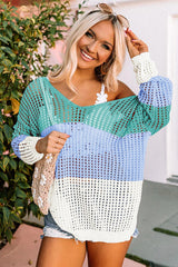 Green Color Block Twisted Back Hollow Out Knit Top