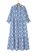 Sky Blue Ethnic Geometric Print Notch Neck Plus Size Maxi Dress