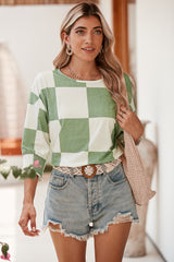 Grass Green Checkered Ruffle Smocked Cuffs Tee