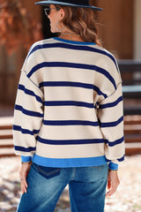 White Stripe Colorblock Drop Shoulder Buttoned Loose Cardigan