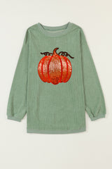 Apricot Crinkle Ribbed Halloween Sequin Pumpkin Graphic Sweatshirt