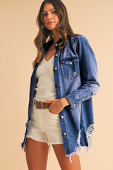 Beau Blue Light Wash Distressed Frayed Long Denim Jacket