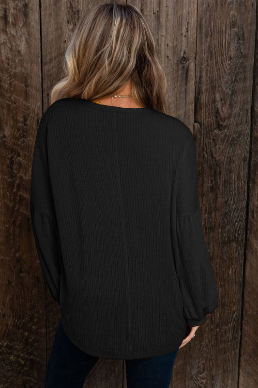 Black Solid Color Textured Lantern Sleeve Top