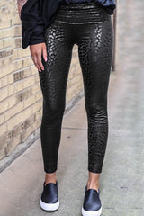 Black Casual Shiny Leopard Print Cropped Leggings