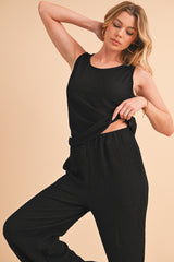 Black Crinkled U Neck Tank and Wide Leg Pants Set