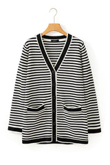 Black Striped Pocketed Button Long Cardigan