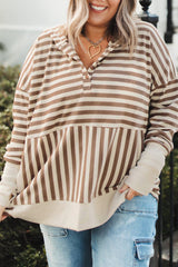 Brown Stripe Drop Sleeve Plus Size Henley Hoodie